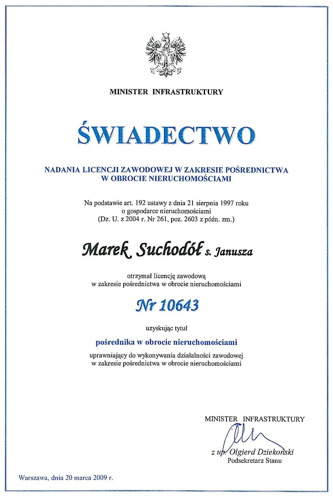 Marek Suchodół licencja zawodowa pośrednictwo w obrocie nieruchomościami