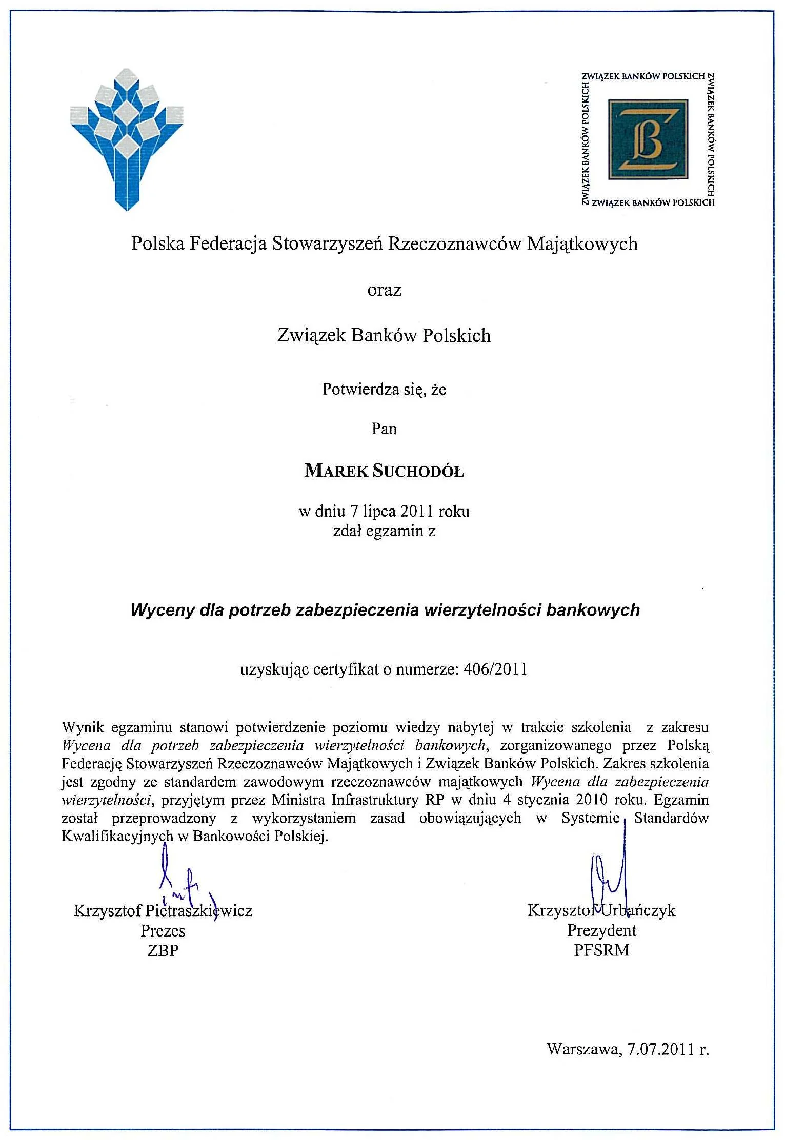 Marek Suchodół certyfikat wyceny dla potrzeb wierzytelności bankowych