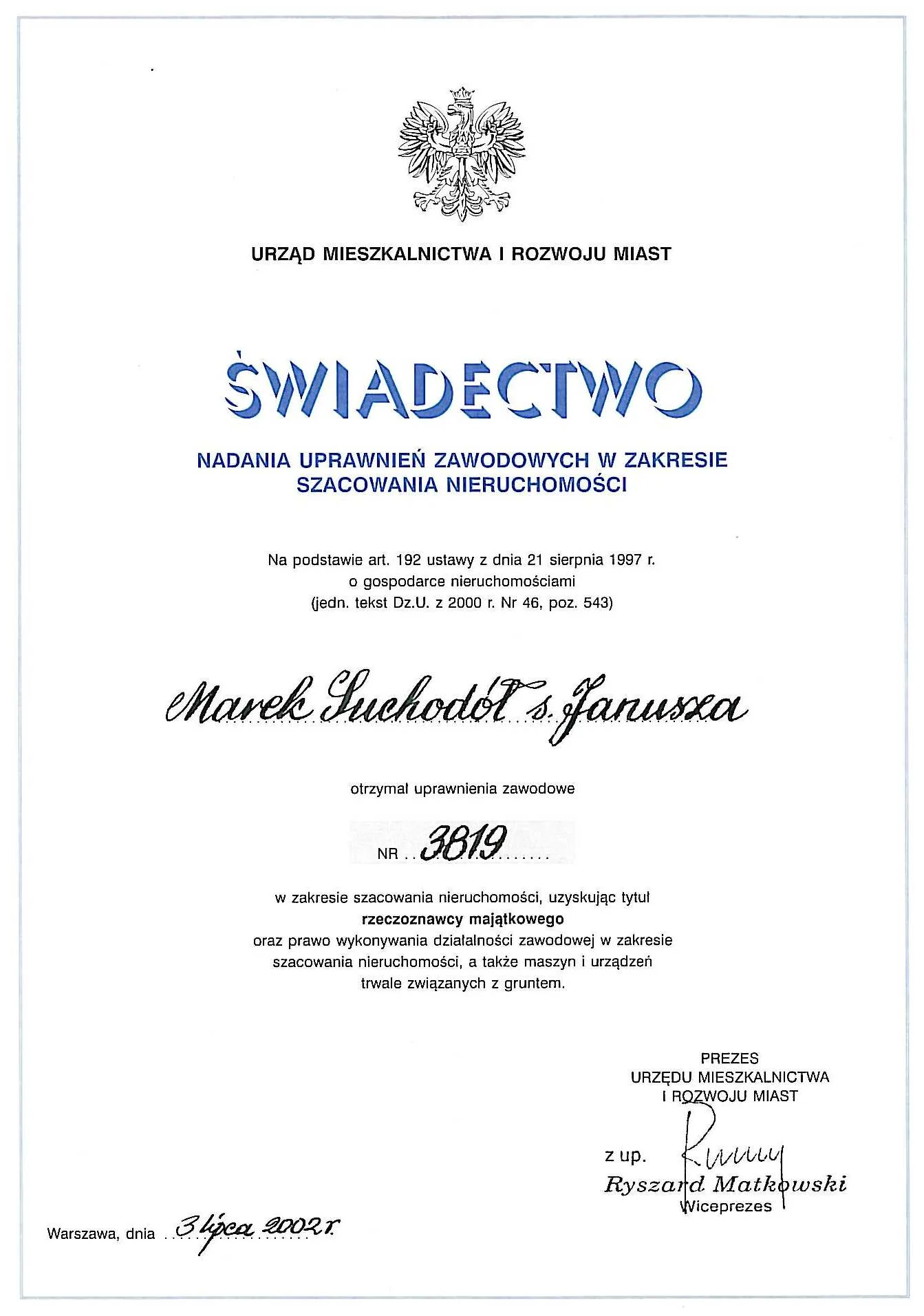 Marek Suchodół Świadectwo uprawnień zawodowych wycena nieruchomości