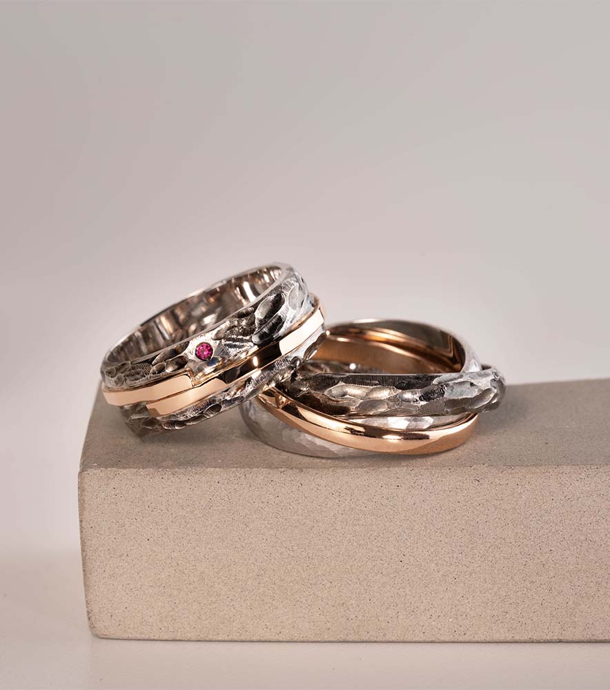 Alliances Noeud -  Rubis, Or rose & blanc