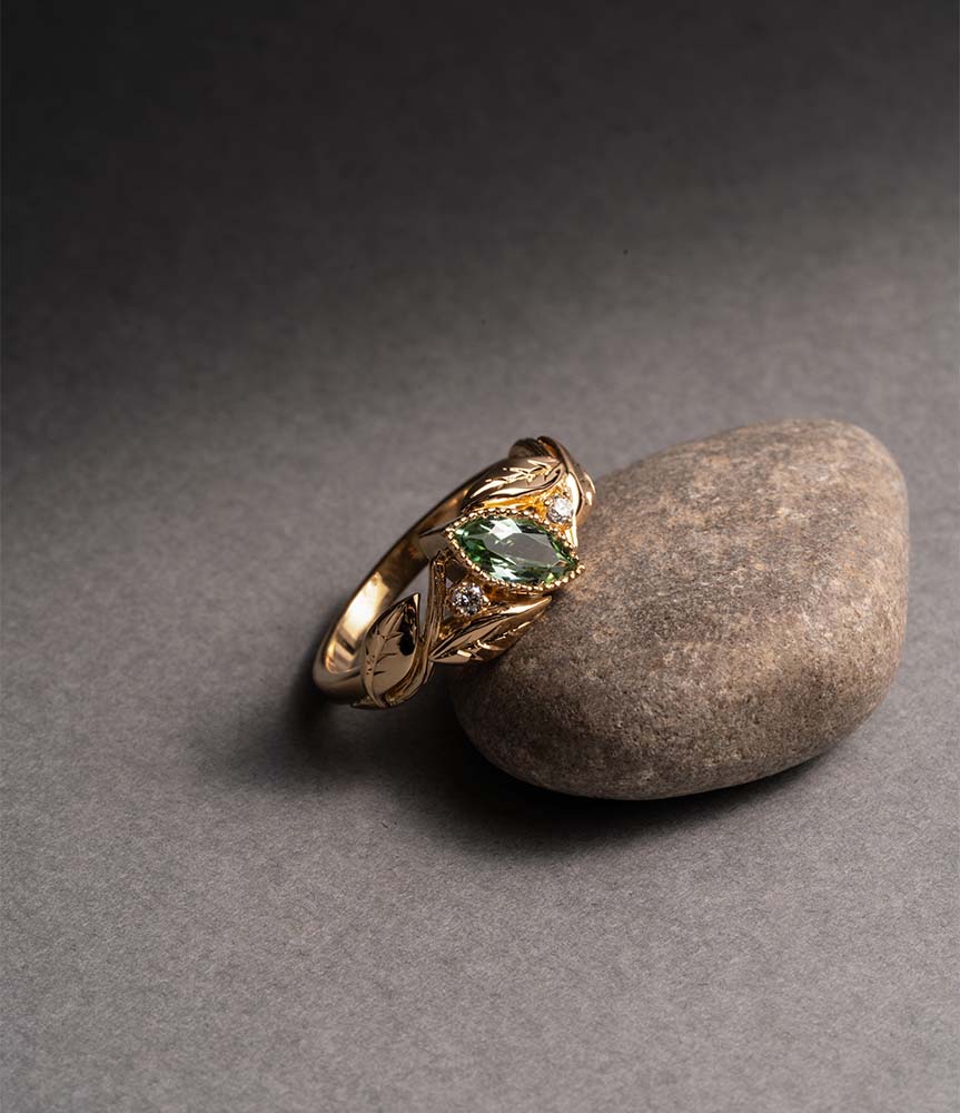 Solitaire Végétal - Béryl Vert, Diamants &  Or jaune