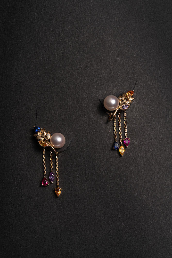 Boucles d'oreilles Végétal - Saphirs, Grenats, perles Akoya, Or jaune 