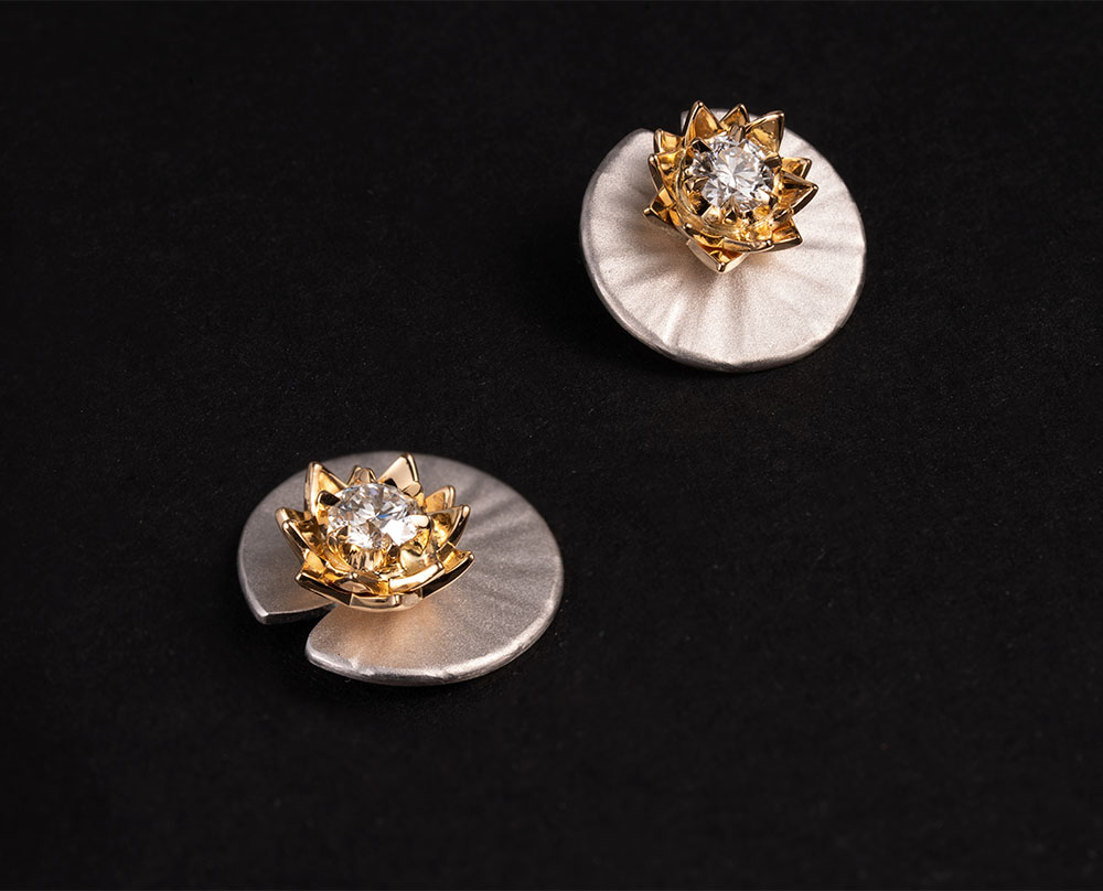 Boucles d'oreilles Nénuphars - Diamants, Or jaune & blanc