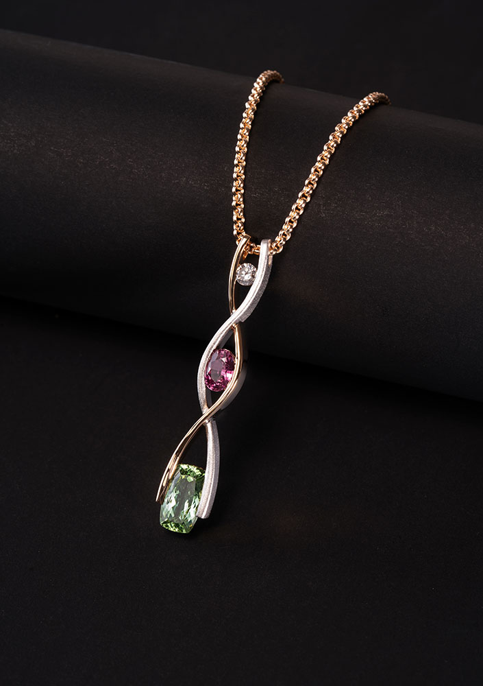 Pendentif Vague - Or Bicolore, Tourmalines et Diamant
