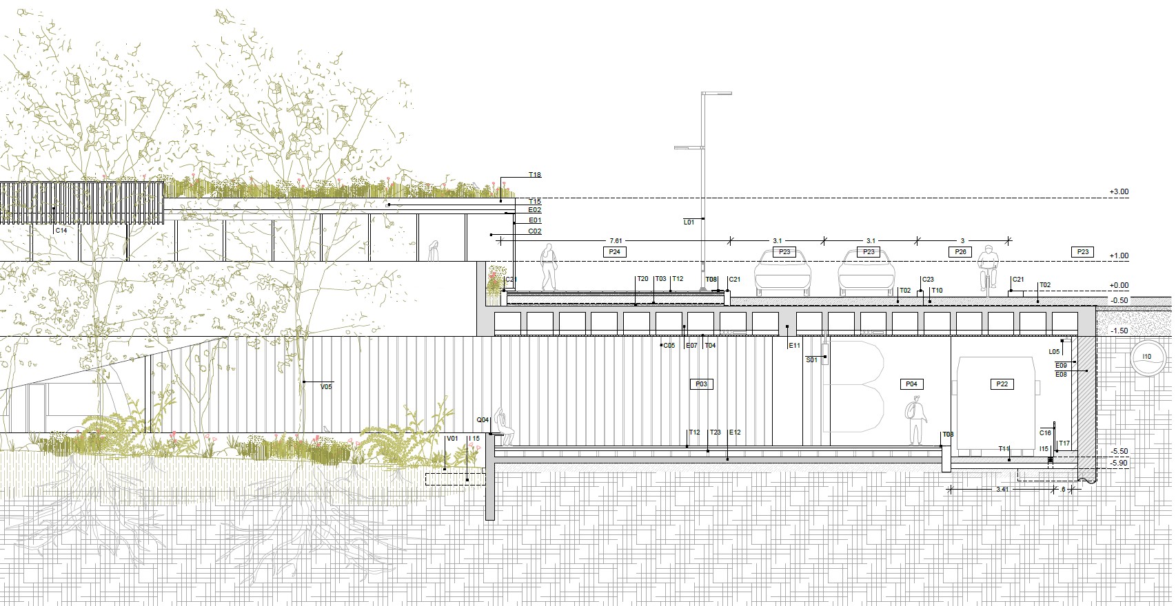 Tres Cruces Urban Biotic Reserve & Transit Hub , Sunken Plaza Section