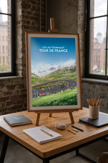 Affiche Tour de France 2025 col du Tourmalet encadrée dans un atelier moderne graphisme illustration affiche Kevin Perro Celtigraph Perro Celtigraph