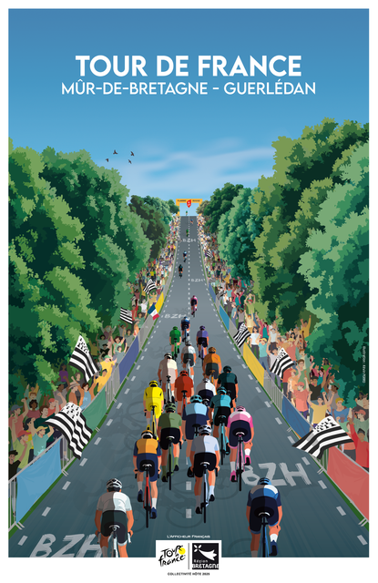 Affiche Tour de France 2025 montée du Mûr-de-Bretagne Guerlédan graphisme illustration affiche Kevin Perro Celtigraph