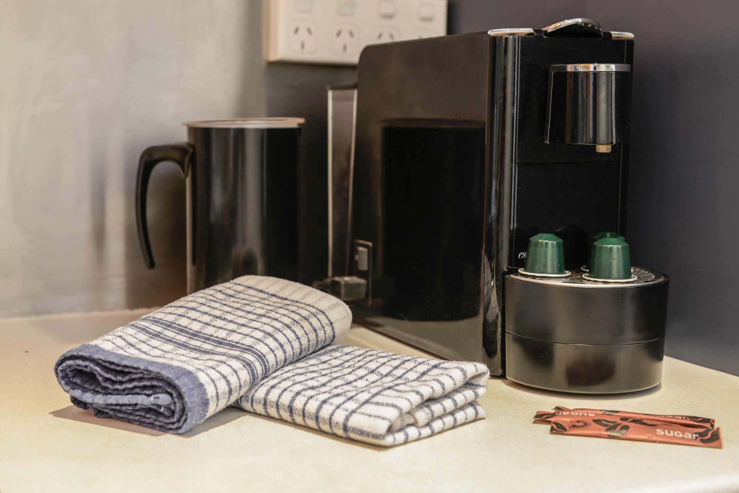 Coffee maker (and capsules), kettle, toaster