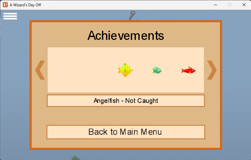 The achievements screen, accessed by the main menu to see which fish you have caught through a scrolling UI.