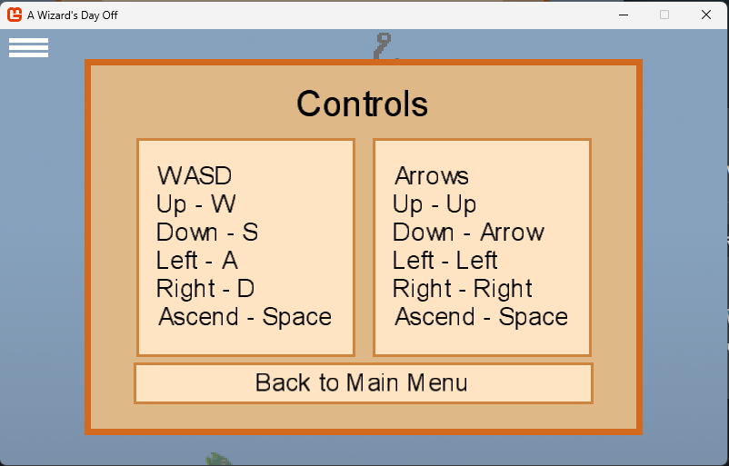 The controls page, accessed by the main menu to select which controls you wish to use to control the rod.