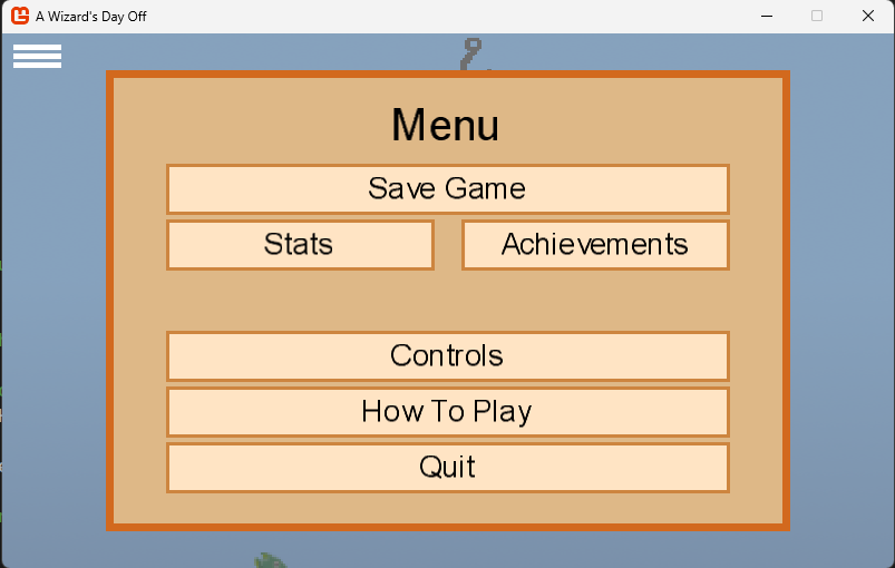 The main menu created to house subscreens such as stats, achievements, controls, a How to Play section, and a Save Game mechanic