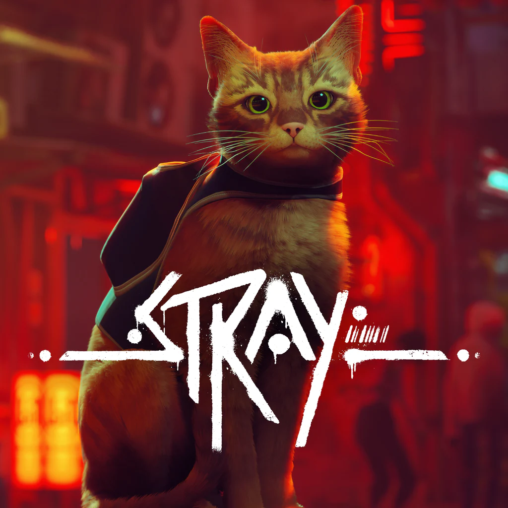 Cover of the game Stray, which has an orange cat with green eyes