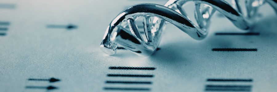 Graphic showing DNA model on a background of gel bands