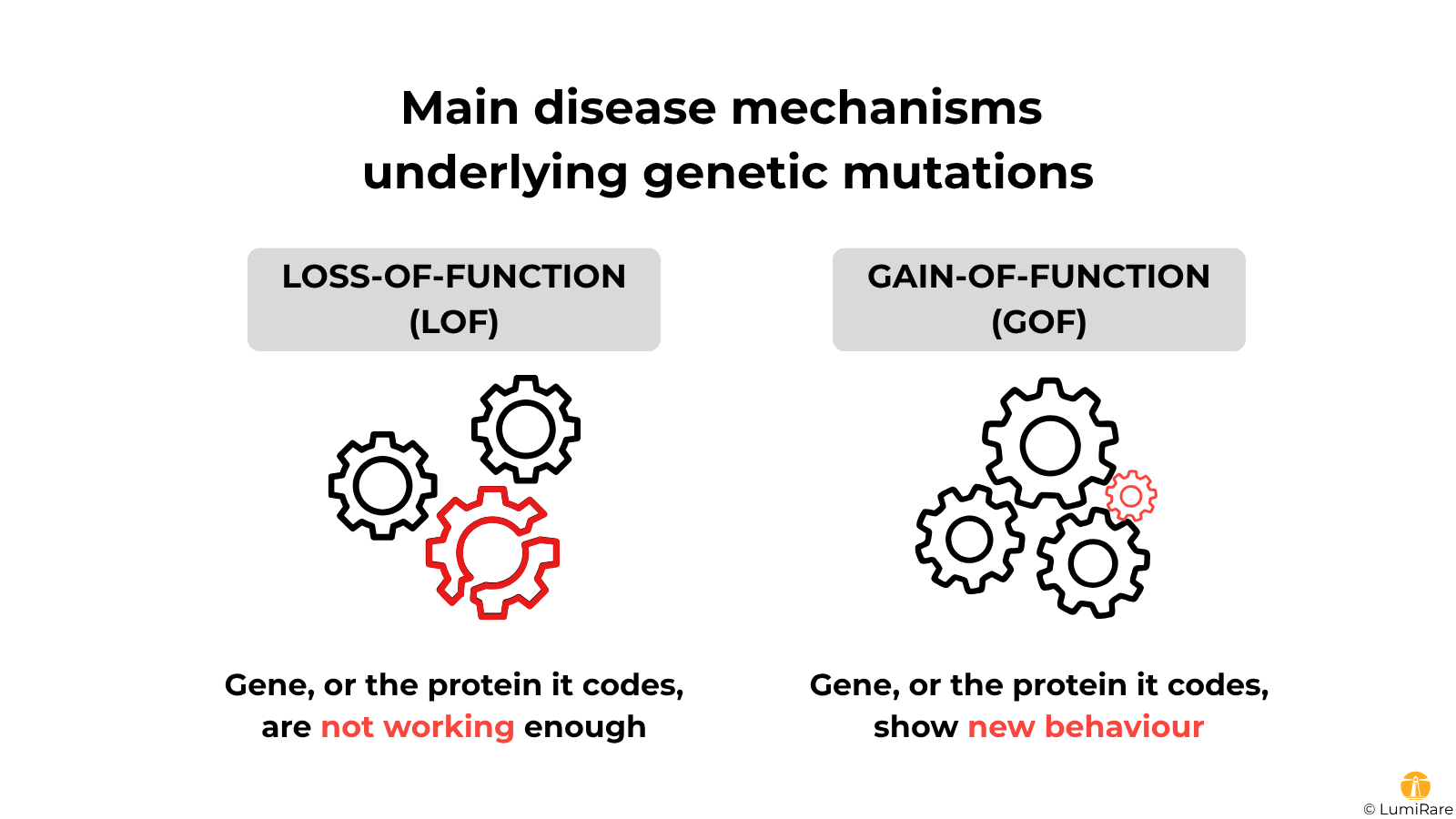 Scheme of main disease mechanisms underlying genetic mutations