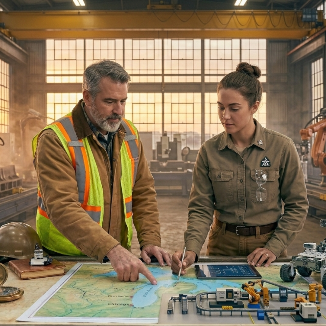 Professionals using digital tools to plan workflow improvements in an industrial workplace.