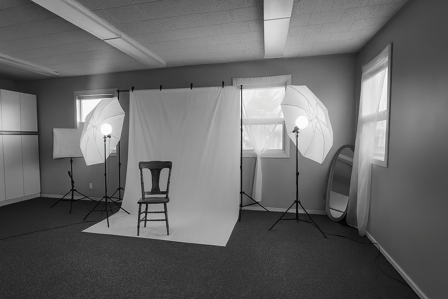 black and white image of photography studio with umbrella lights