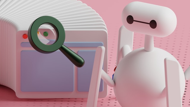 A little pink robot searching on the interent