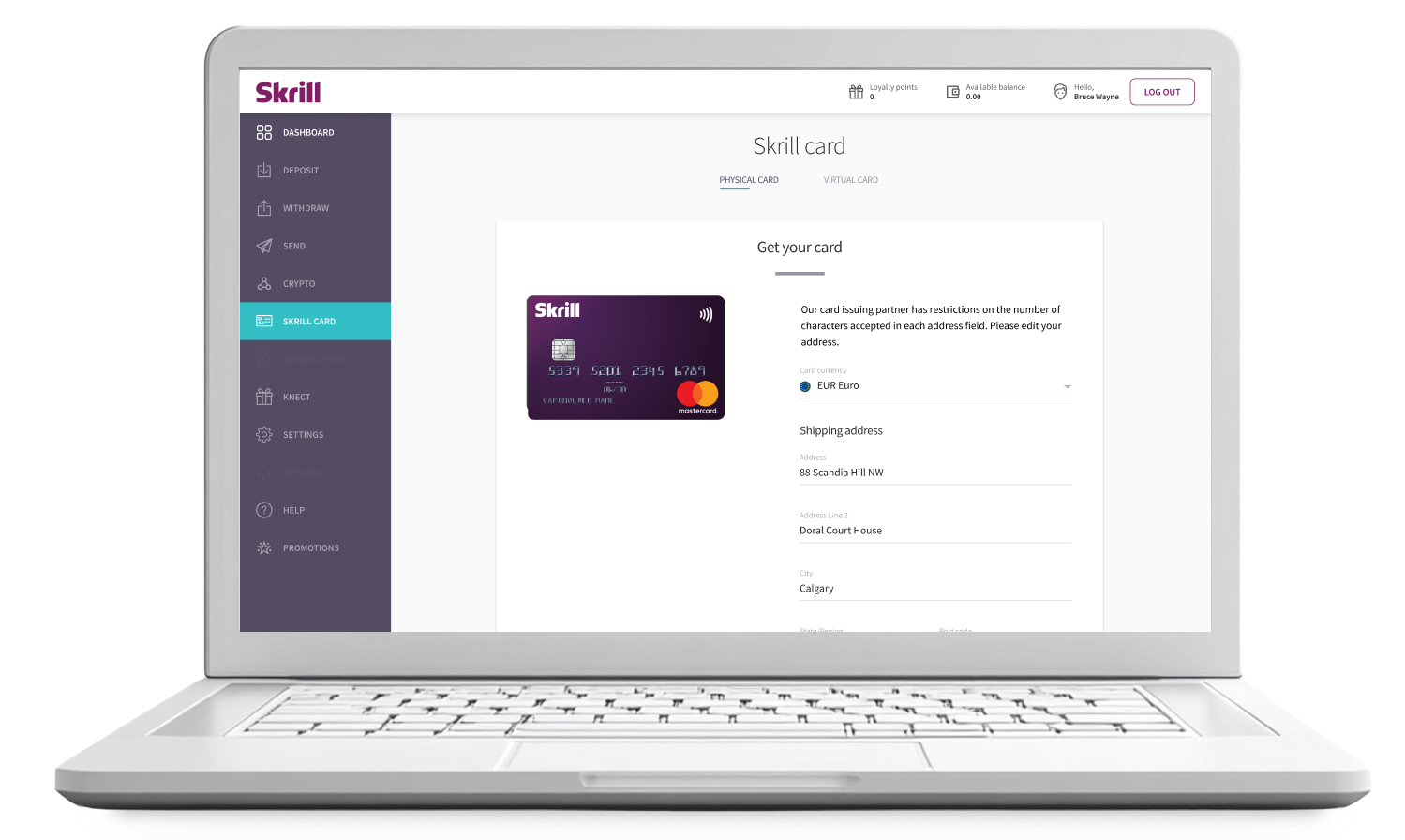 Skrill Prepaid Card UI
